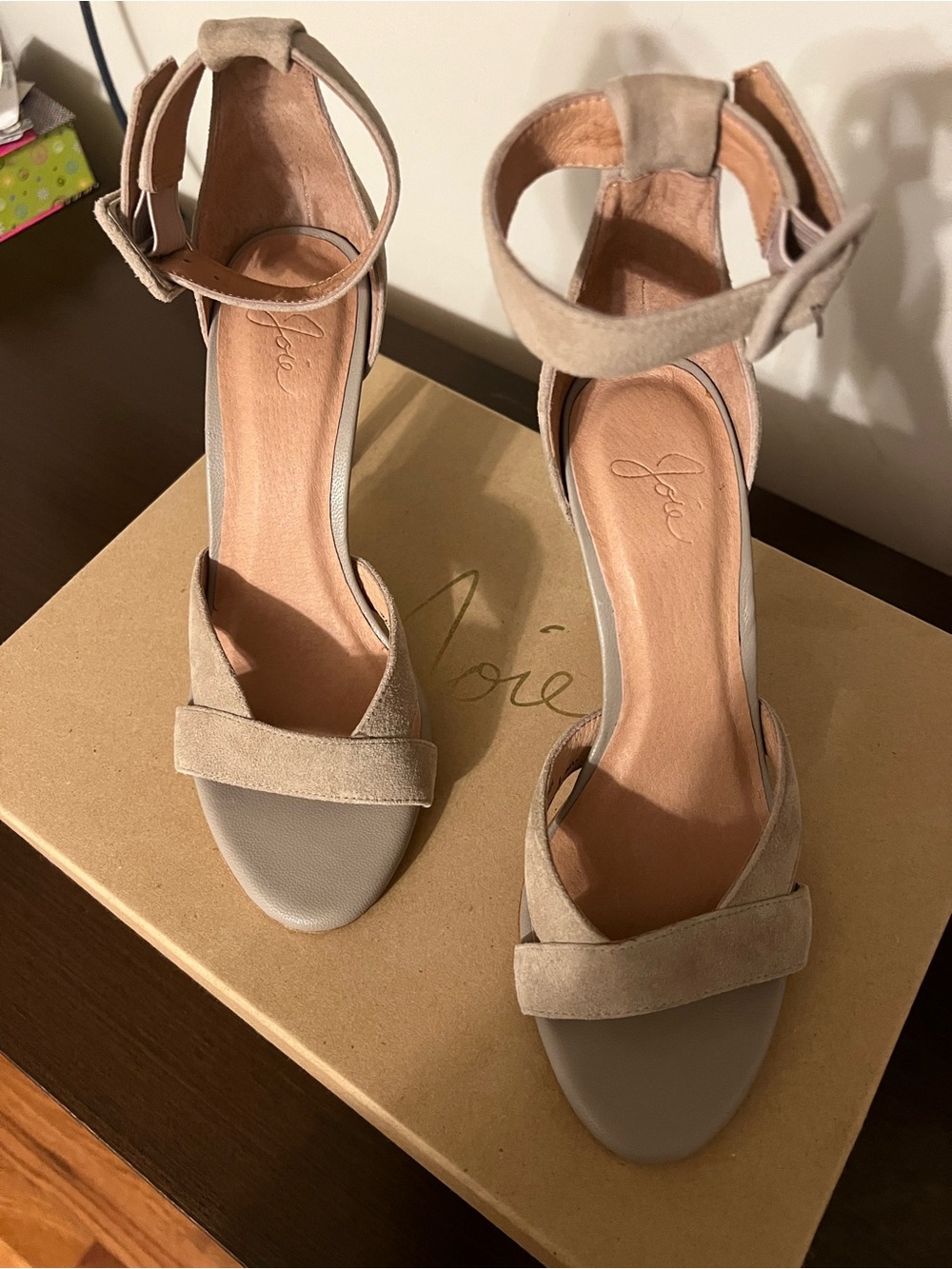 Joie Taupe Suede Ankle-Strap Block Heel Sandals